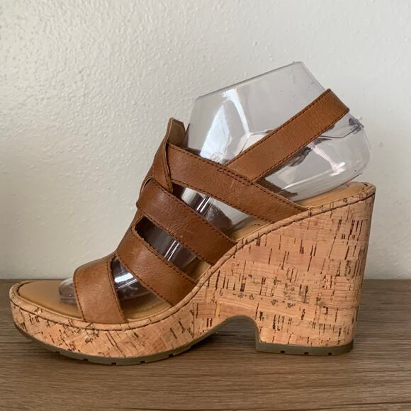 BORN Wedge Platform Sandal Bernese Cage Brown Leather Cork 9 US Buckle Slingback - Picture 7 of 15